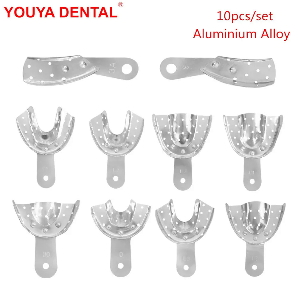 10Pcs Kim Loại Nha Khoa Ấn Tượng Khay Nhôm Hợp Kim Nha Khoa Toàn Bộ Răng Khay Chủ Nha Sĩ Chỉnh Hình Răng Giả Dụng Cụ