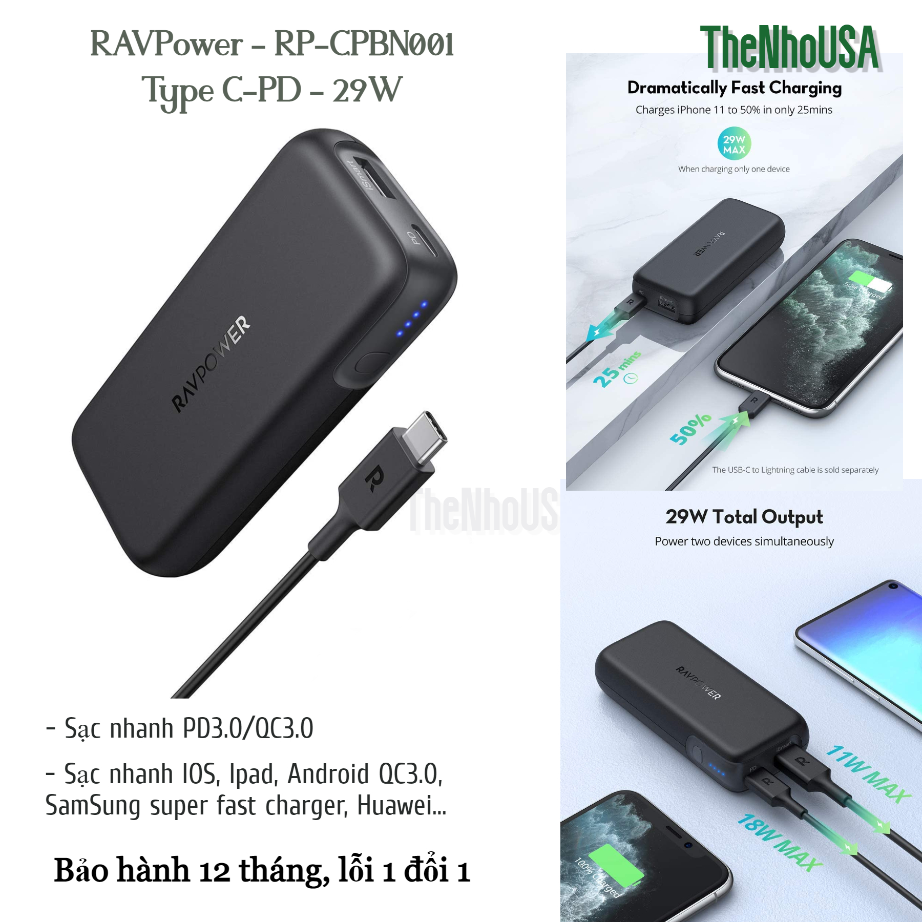 [Nhập LAZSOCIAL100K giảm 15% tối đa 100K]Sạc dự phòng RAVPower 10000mAh 29w (RP-CPBN001)
