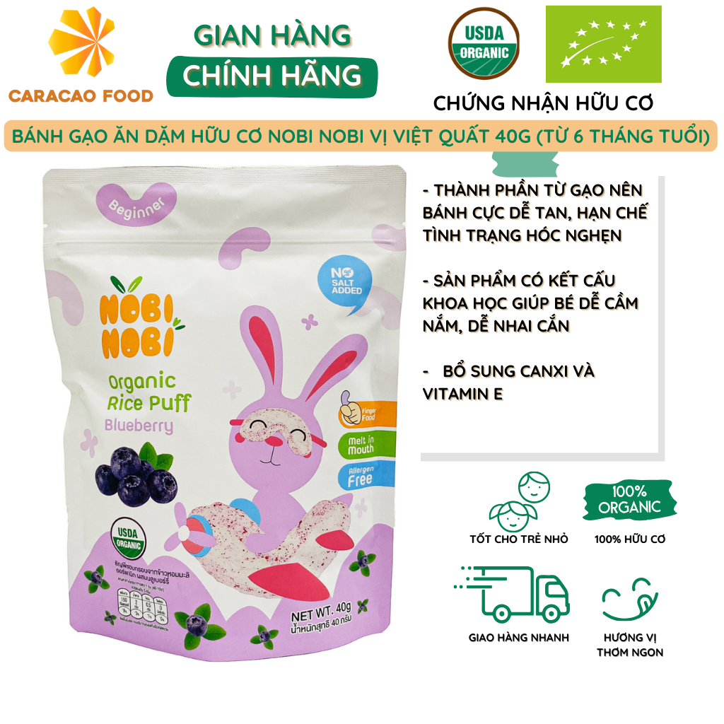 Bánh gạo ăn dặm hữu cơ cho bé Nobi Nobi vị việt quất 40g , Bánh ăn dặm cho bé