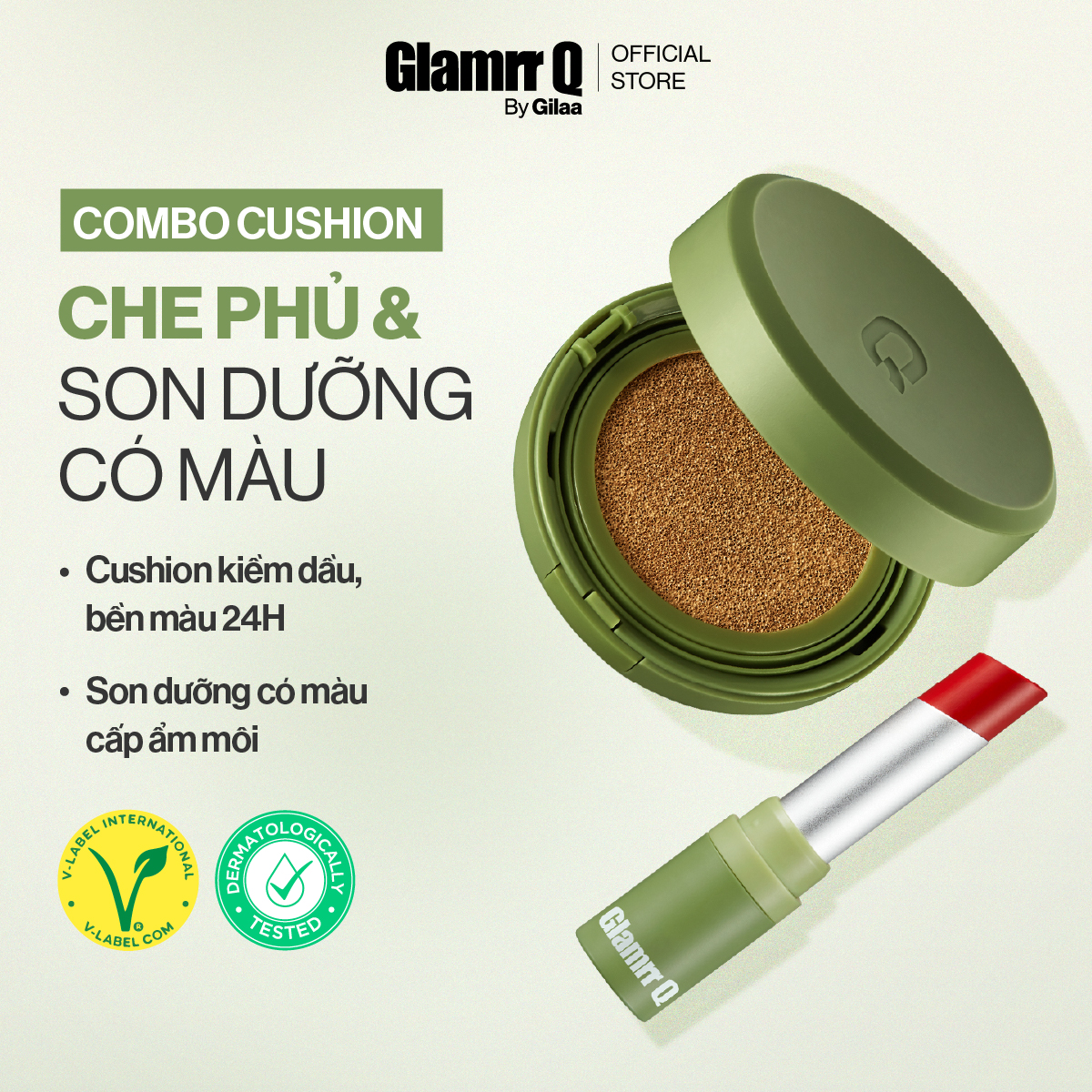 Combo Glamrr Q Vegan Super Cover Cushion & Son Dưỡng Có Màu Vegan Super Lip Balm