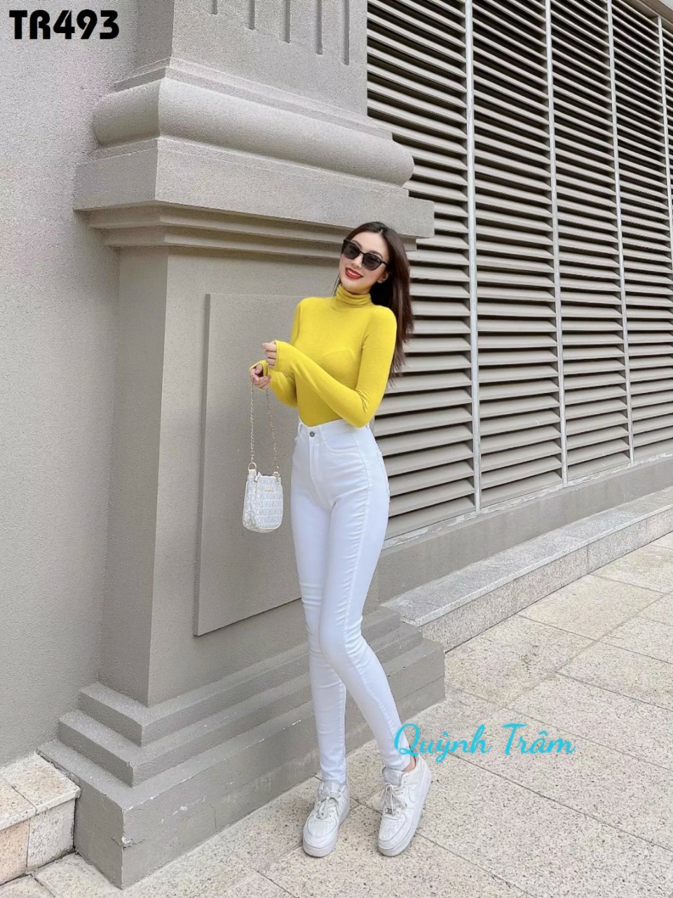 Quần Jean Nữ Dài Lưng Cao Dáng Ôm Màu Trắng Co Giãn Mạnh