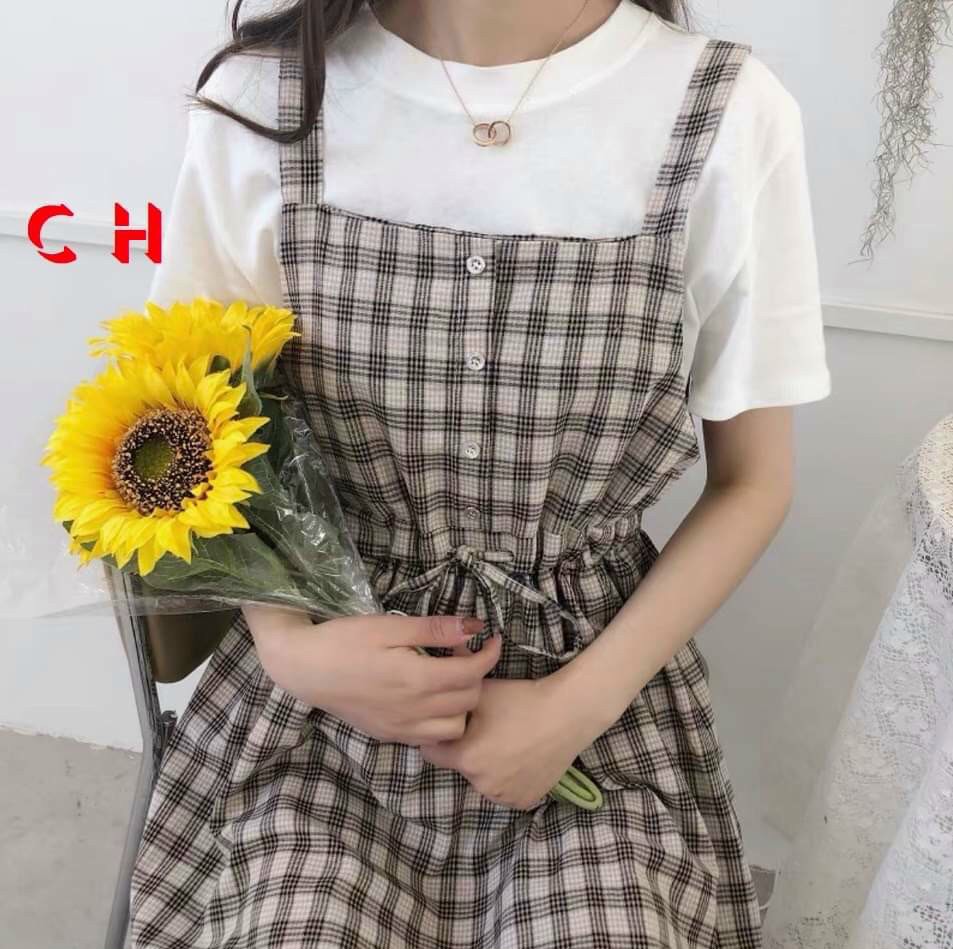 Sét váy yếm kẻ caro đính cúc chun eo tặng kèm áo trắng siêu cute, minhquang2017