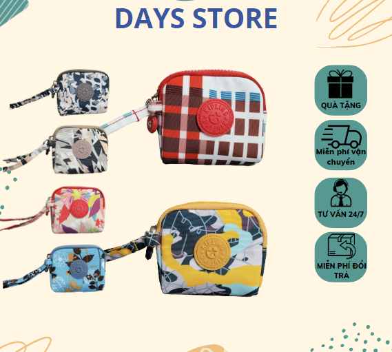 Ví xu cầm tay kipling chất liệu vải dù họa tiết có dây đeo cổ tay size 11x3x10cm
