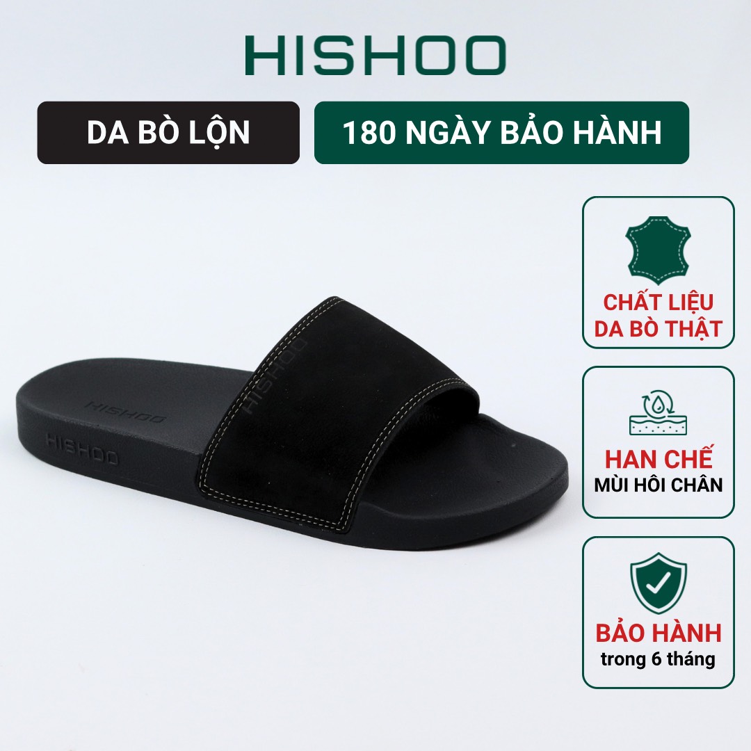 Dép quai ngang slipper nam, nữ da bò thật siêu nhẹ HISHOO đen cao cấp thời trang size 36 - 43 U088