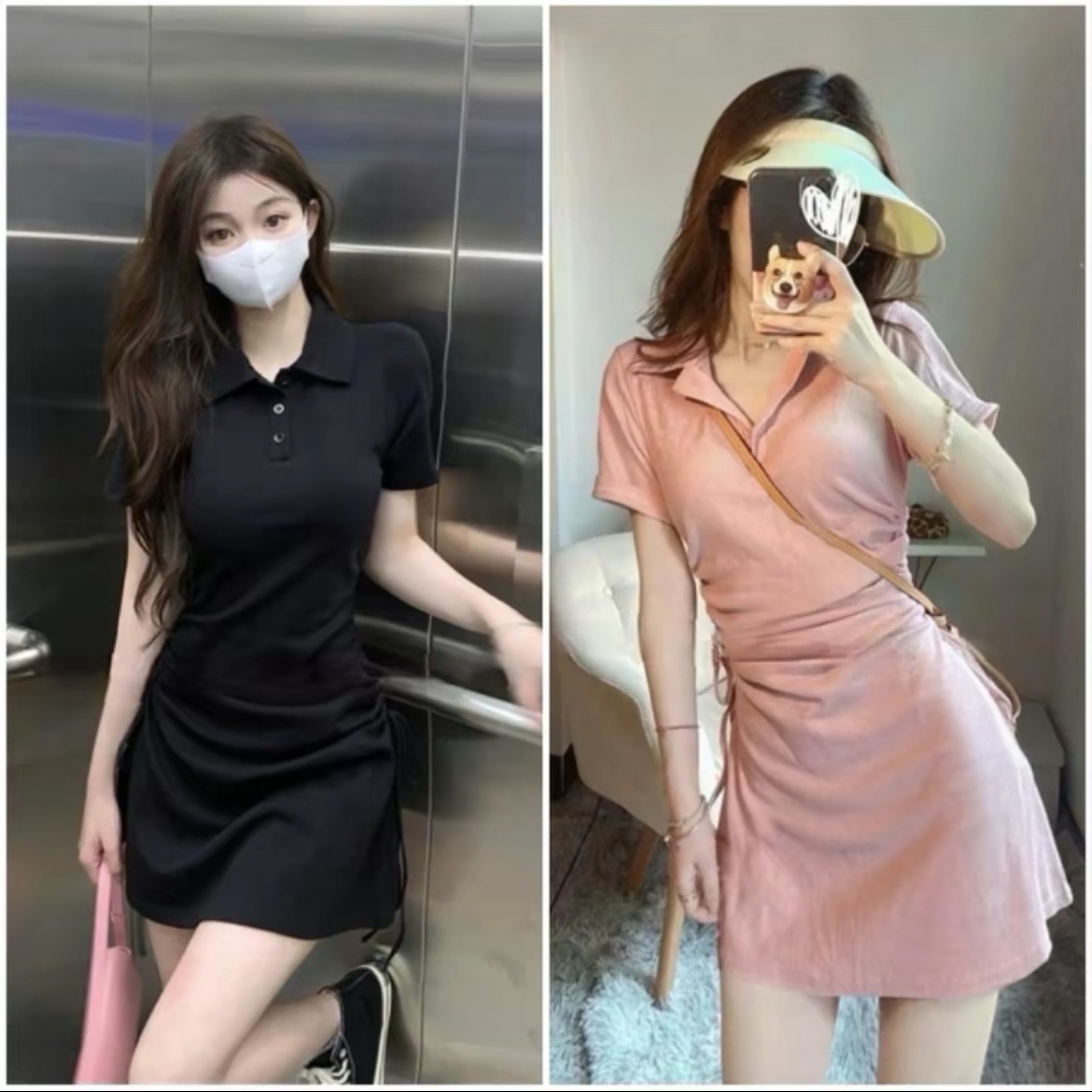 (Bigsize 50-90kg) Váy Thun Nữ Gân Tăm Cổ Bẻ Polo Dây Rút Nhún Eo 2 Bên Dáng Chữ A 50-90kg Cho Nàng Béo Múp Xinh