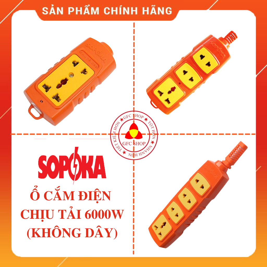 Ổ cắm điện SOPOKA chịu tải 6000W 2 lỗ 3 lỗ 4 lỗ màu cam (Không dây)
