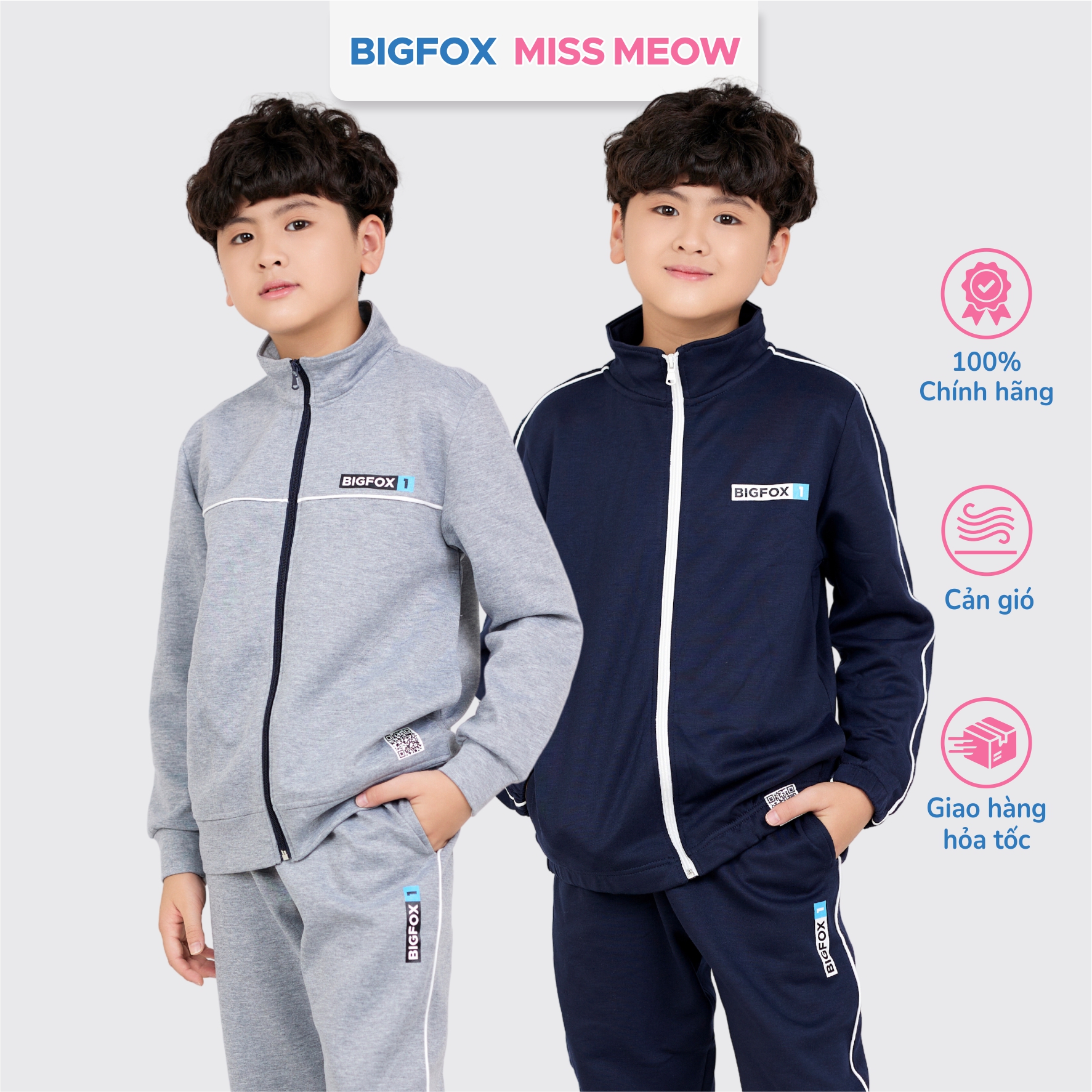 Bộ đồ thể thao thu đông cho bé trai Bigfox Miss Meow size đại màu xanh than và tàn cho trẻ em 7-15 tuổi 30kg 50kg