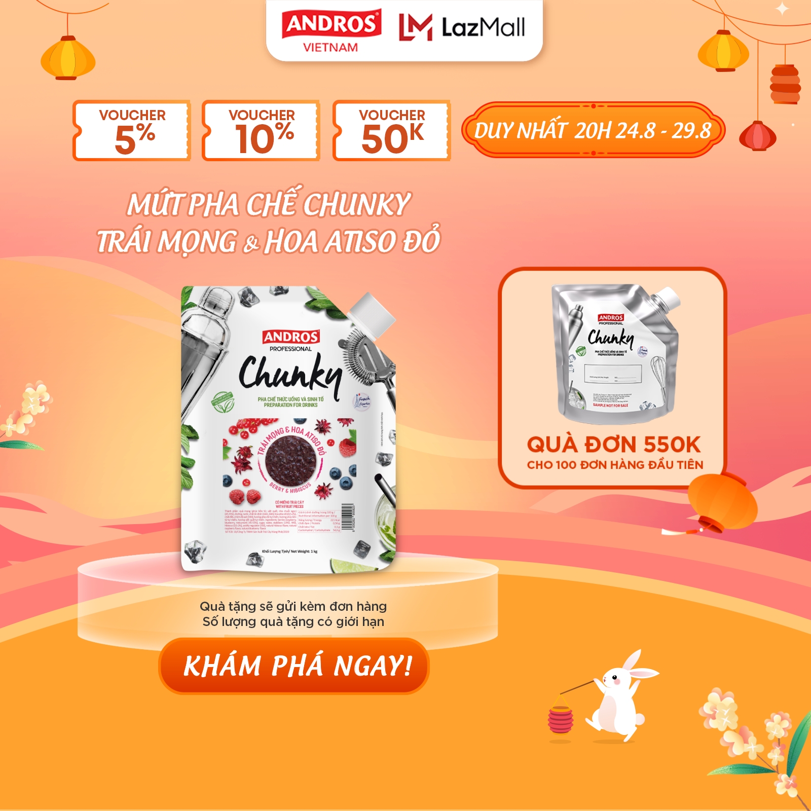 Mứt Trái Cây Pha Chế Trái mọng & Hoa Atiso đỏ - Có miếng trái cây thật - Nguyên liệu pha chế - ANDROS CHUNKY - 1kg