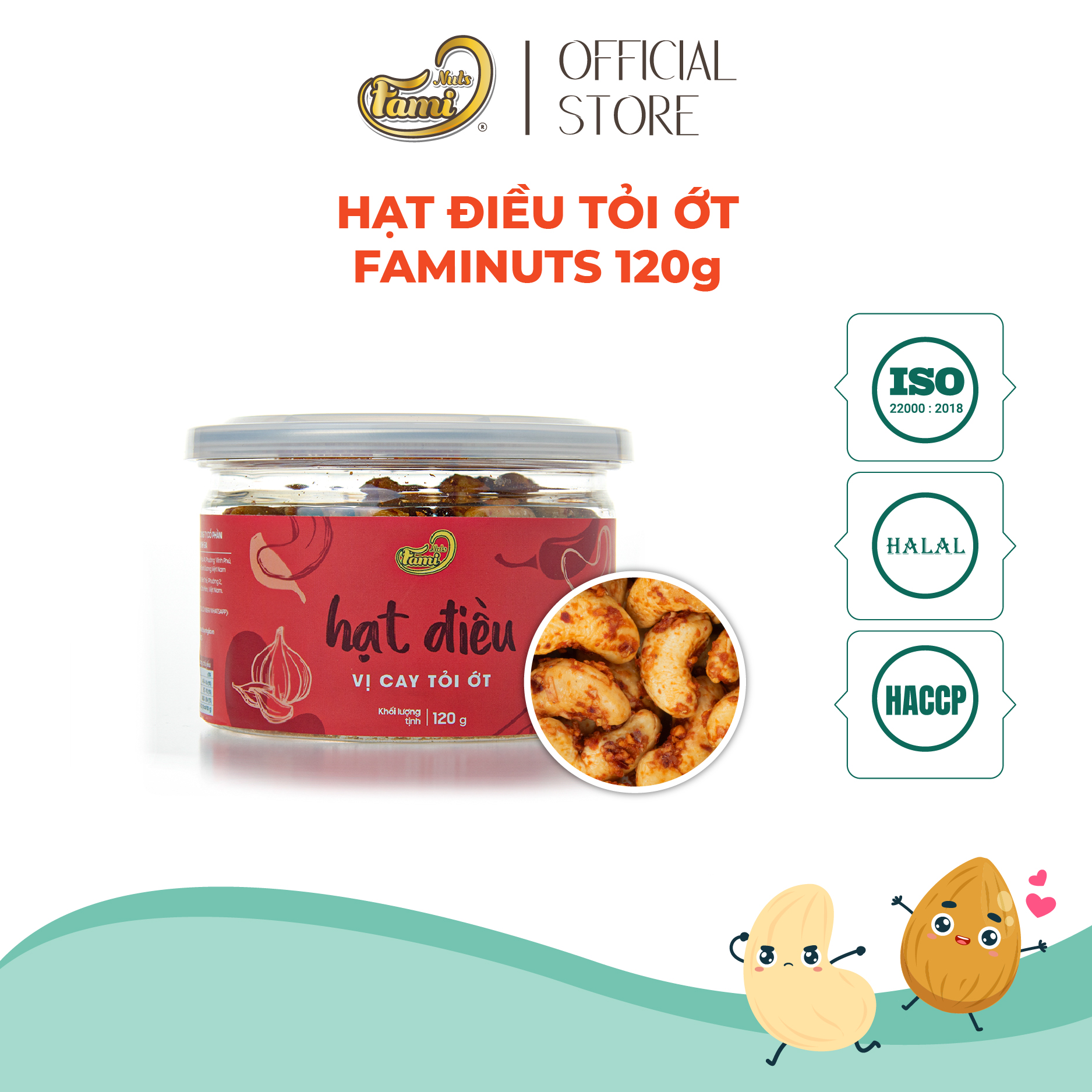 Hạt điều A Cồ vị cay tỏi ớt Bình Phước Faminuts hũ 120 gr