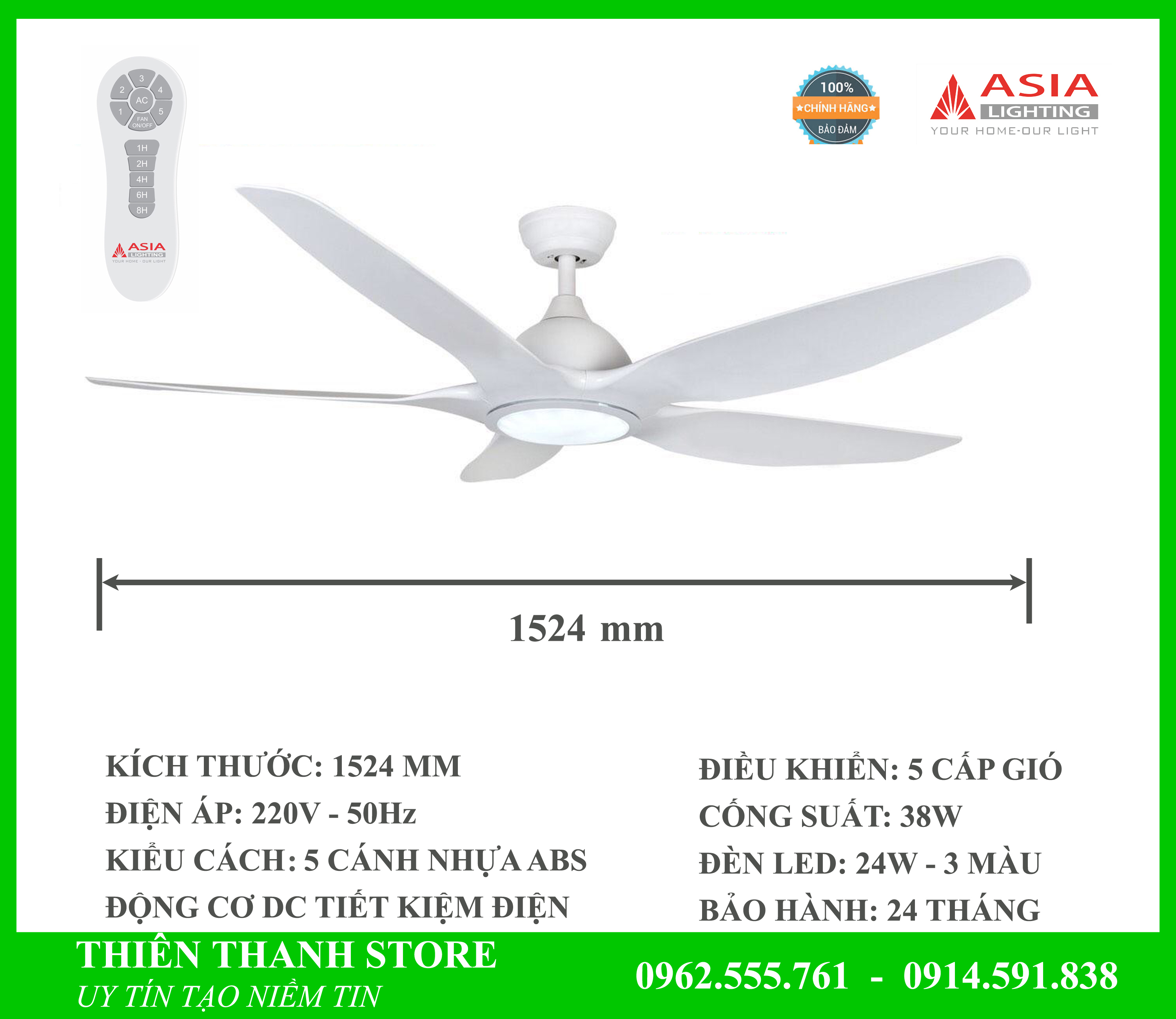 [BẢO HÀNH 2 NĂM] Quạt trần đèn 5 cánh Asia Lighting QT03