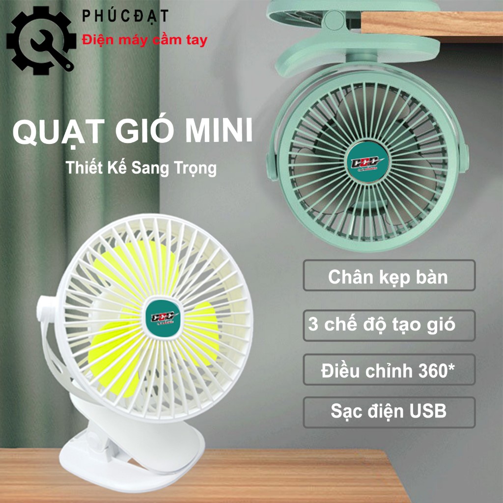 Quạt mini sạc điện, quạt tích điện pin trâu| Quạt để bàn, kẹp bàn | Điều chỉnh 3 tốc độ, xoay 360 độ
