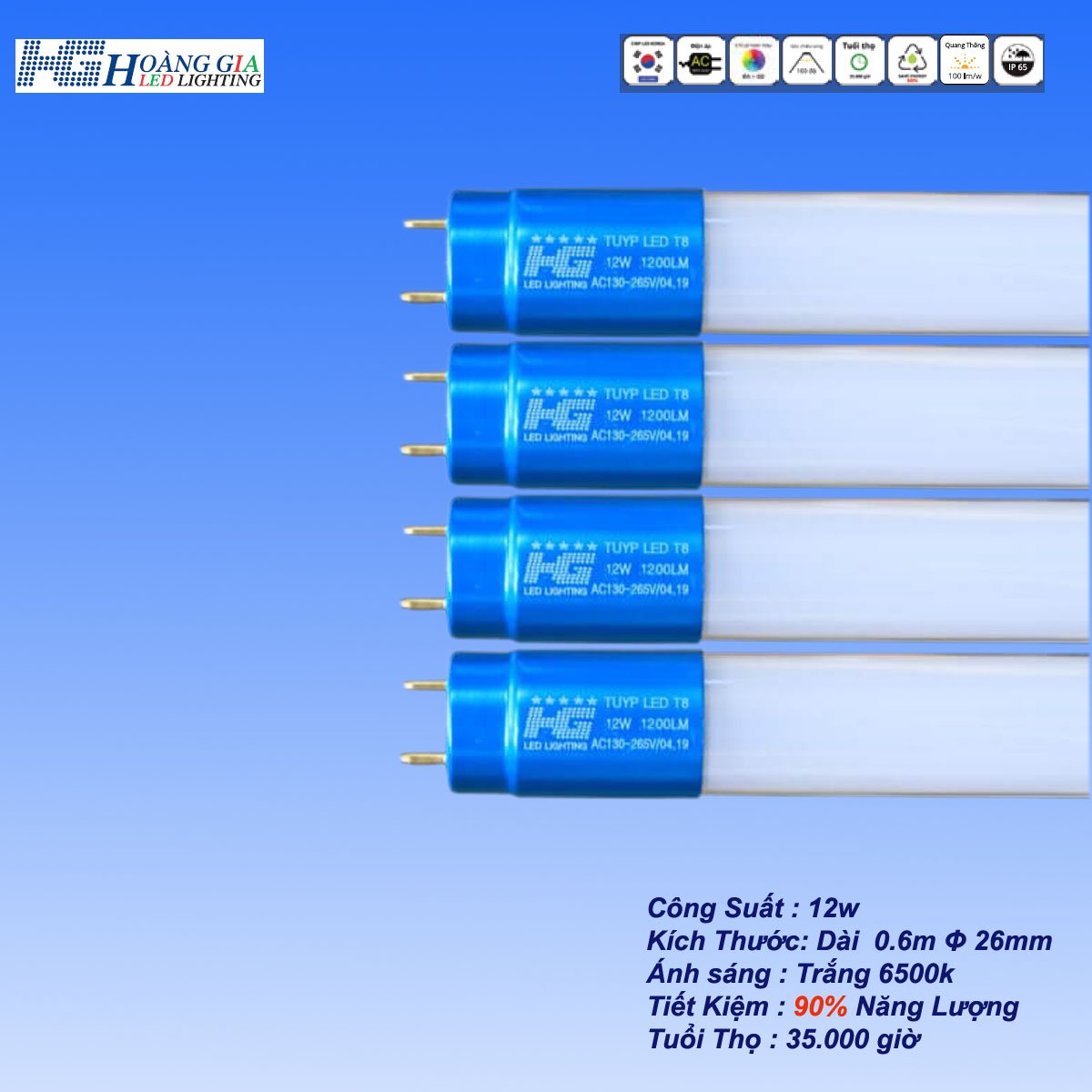 Combo 4 Bóng Đèn Led Tuýp 12W  Dài 0.6m Thủy Tinh Đầu Nhôm