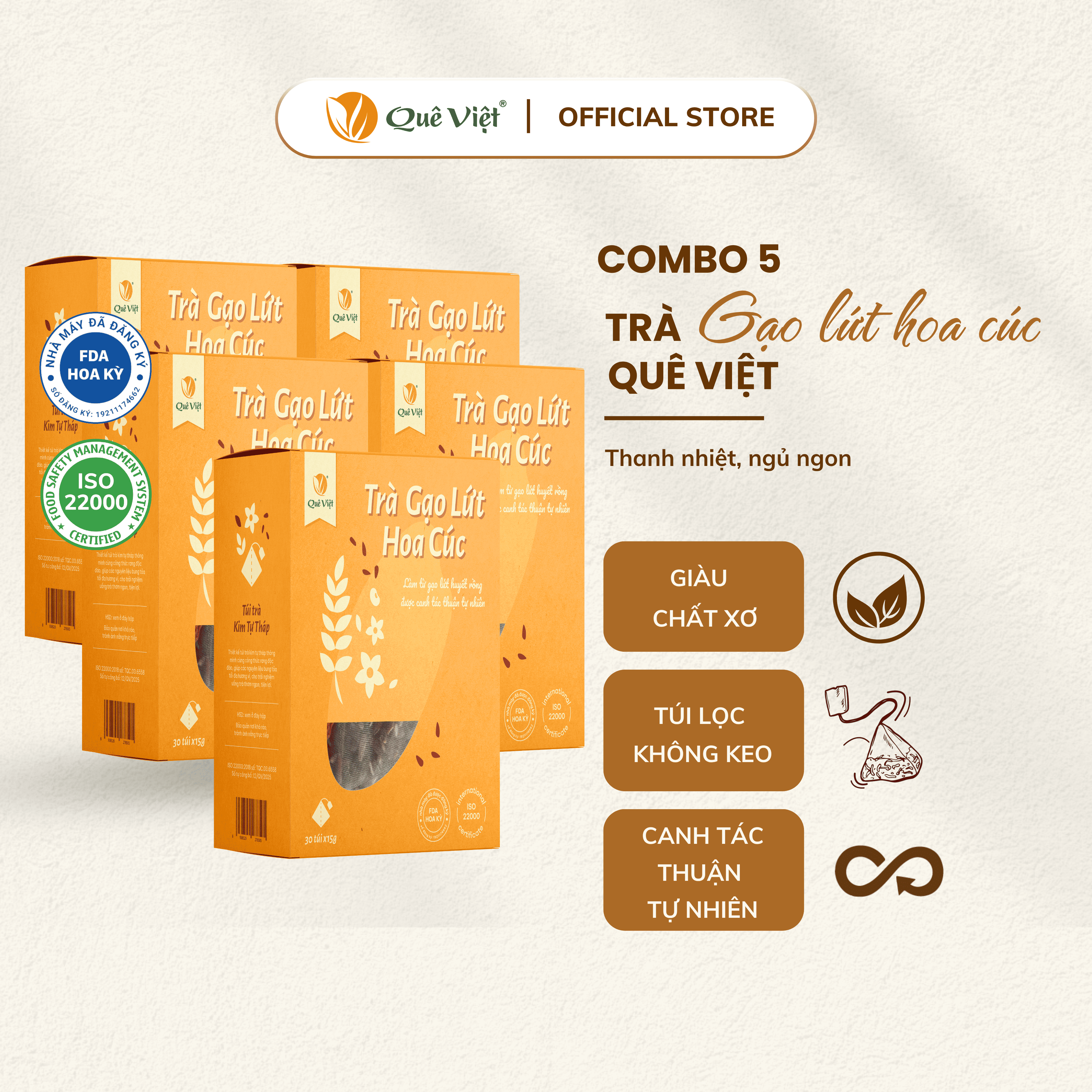 Combo 5 hộp trà gạo lứt hoa cúc Quê Việt + quà tặng - Hộp 450g (30 túi 15g), 600g (24 túi x 25g) Nước Trà Tea Chè