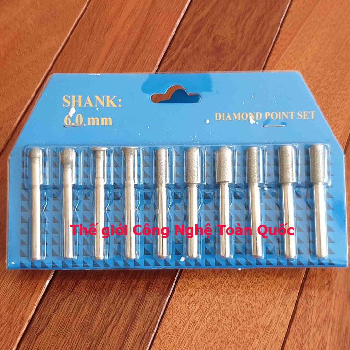Bộ 10 mũi mài chạm khắc phủ kim cương chân 6mm dùng cho khoan đa năng mini cầm tay hoặc máy khoan pin - mũi mài chân 6ly - mũi mài chân 6mm