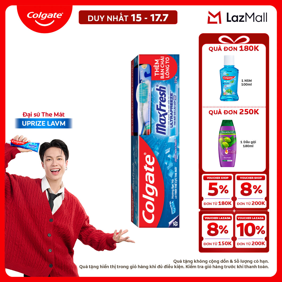 [Chỉ 15-17.7_X2 Voucher giảm đến 18%] Kem đánh răng Colgate MaxFresh ULTRAFREEZE the mát gấp 10X 225g /tuýp tặng bàn chải đánh răng lông mềm