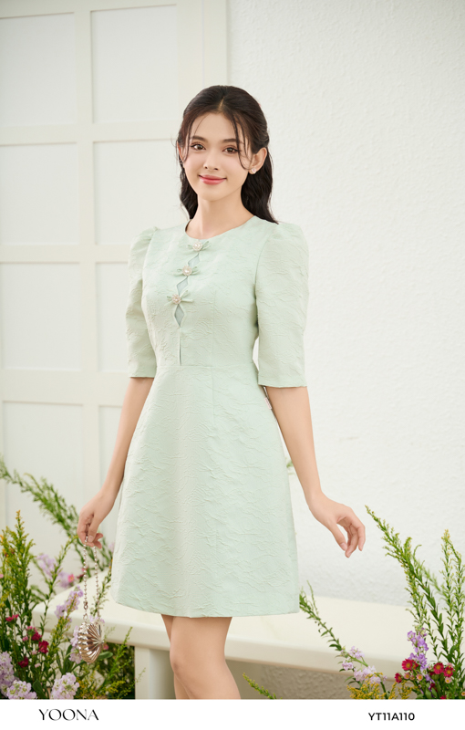 Đầm dáng a xanh pastel chất liệu gấm vân in nổi 3d yoona - yt11a110