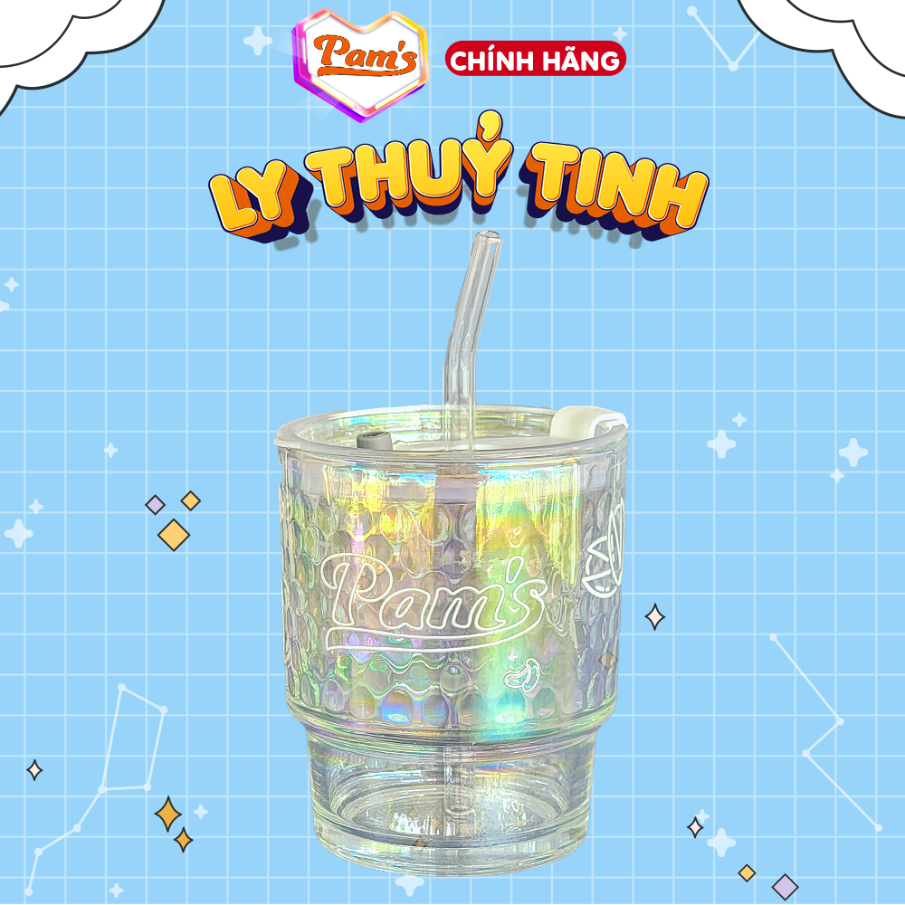 Ly thuỷ tinh cầu vồng full box kèm ống hút, 400ml Pams