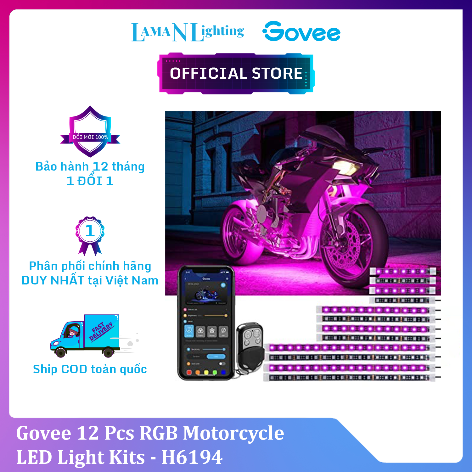 Đèn gầm xe máy govee motorcycle led light kits h6194 | gồm 12 dải led kháng nước, rgb 16 triệu màu nháy theo nhạc