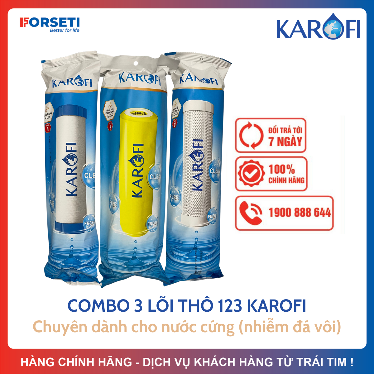 Combo 3 lõi lọc thô 123 karofi chuyên dùng cho nước giếng, nước cứng