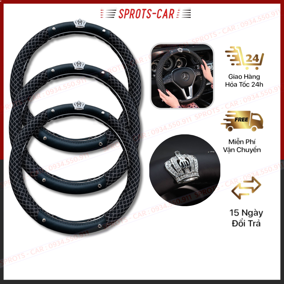 Bọc vô lăng da bọc lưới Logo Vương miệng cao cấp