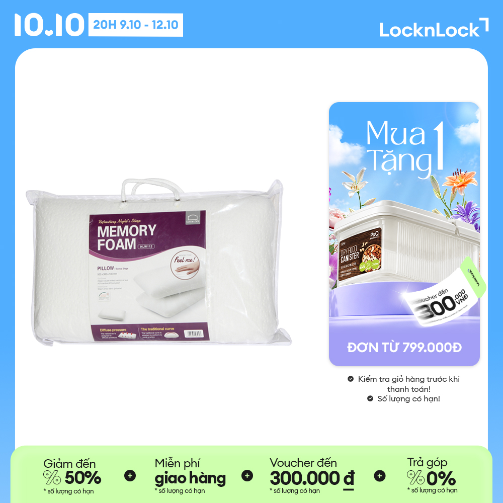 HLW112 - Gối thẳng Lock&Lock Memory Foam 50D Thiết kế hỗ trợ giảm đau vai gáy, khử mùi hôi thông hơi thoáng khí Hàng chính hãng