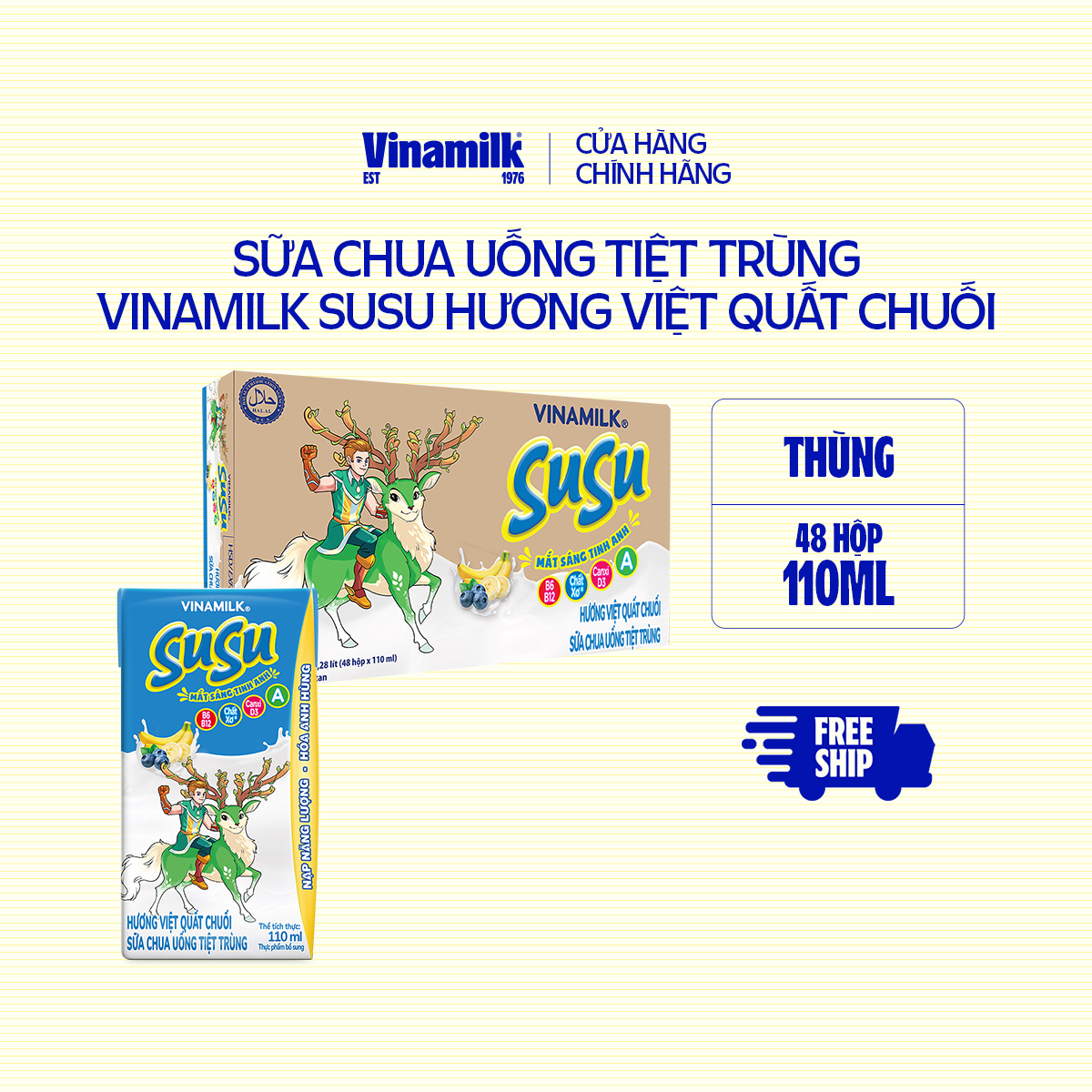 Sữa Chua Uống Tiệt Trùng Vinamilk SuSu hương Việt Quất Chuối - Thùng 48 hộp 110ml