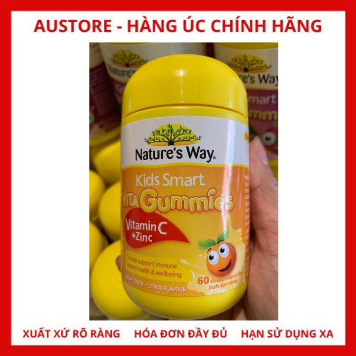 [Bill Úc] Nature's Way Kids Smart Vita Gummies Vitamin C + Zinc 60 Pastilles (for Children 2+ years) - Kẹo dẻo Nature Way Kid Smart bổ sung vitamin C + Kẽm cho trẻ từ 2 tuổi trở lên