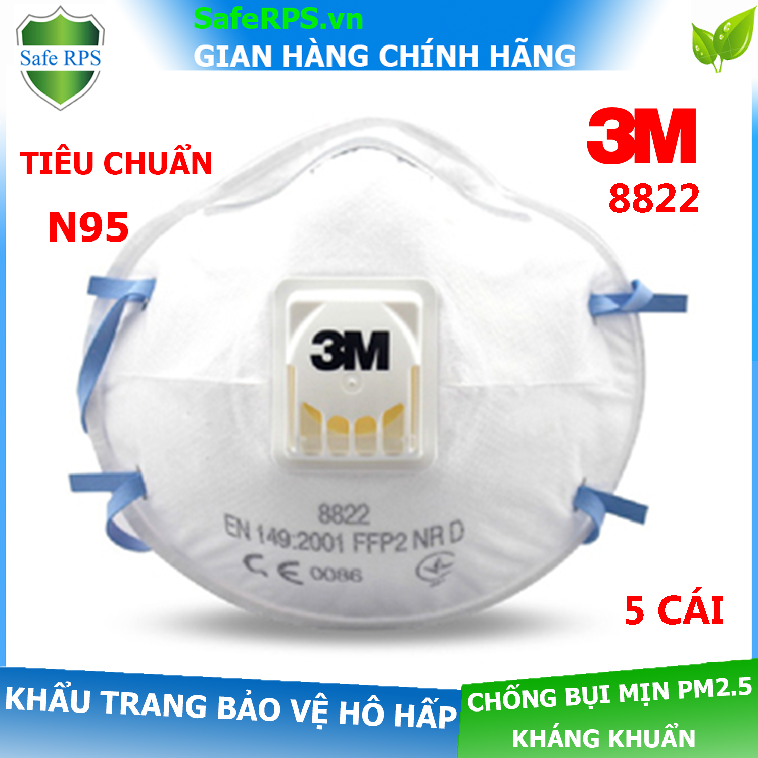 Combo 5 Khẩu trang 3M 8822 cao cấp chính hãng , kháng khuẩn , chống bụi siêu mịn Pm0.3 , Pm2.5 , màu trắng , có van thở thông minh , thun đeo qua gáy