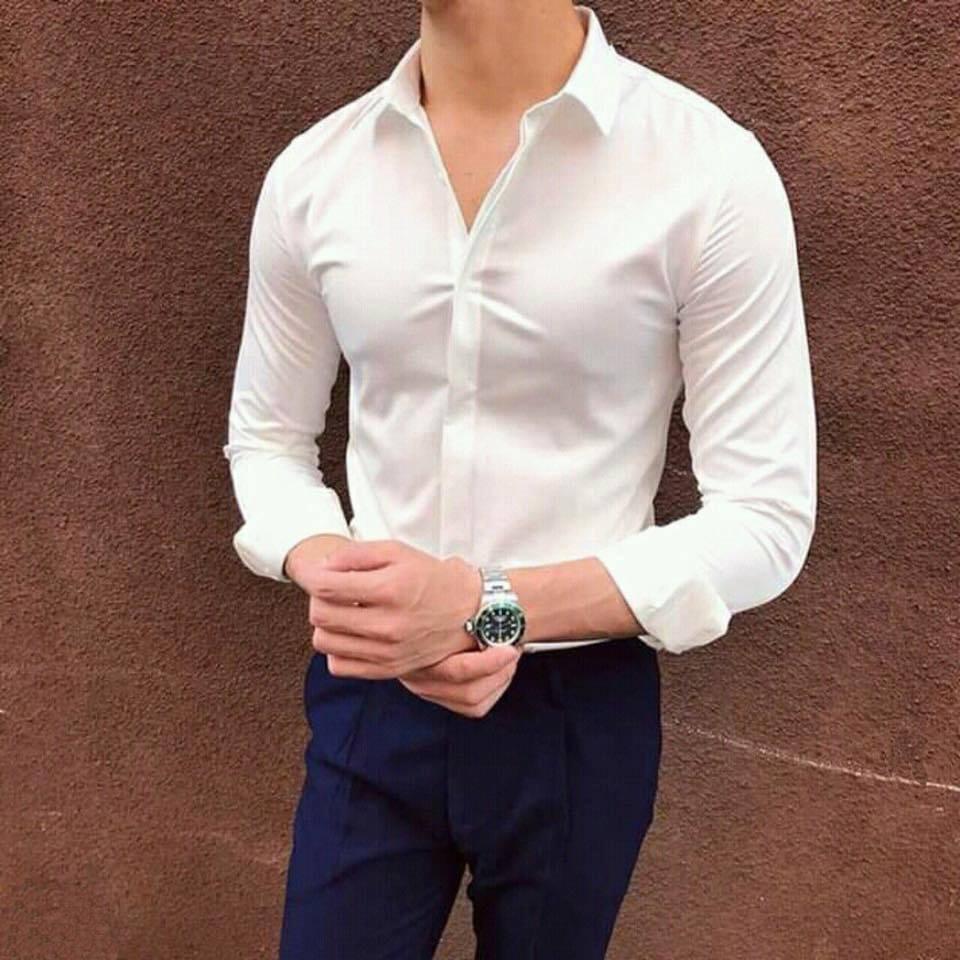 Áo sơ mi nam Nẹp Che Cúc Màu TRẮNG, sơ mi nam Nẹp che Khuy, sơ mi nam giá rẻ