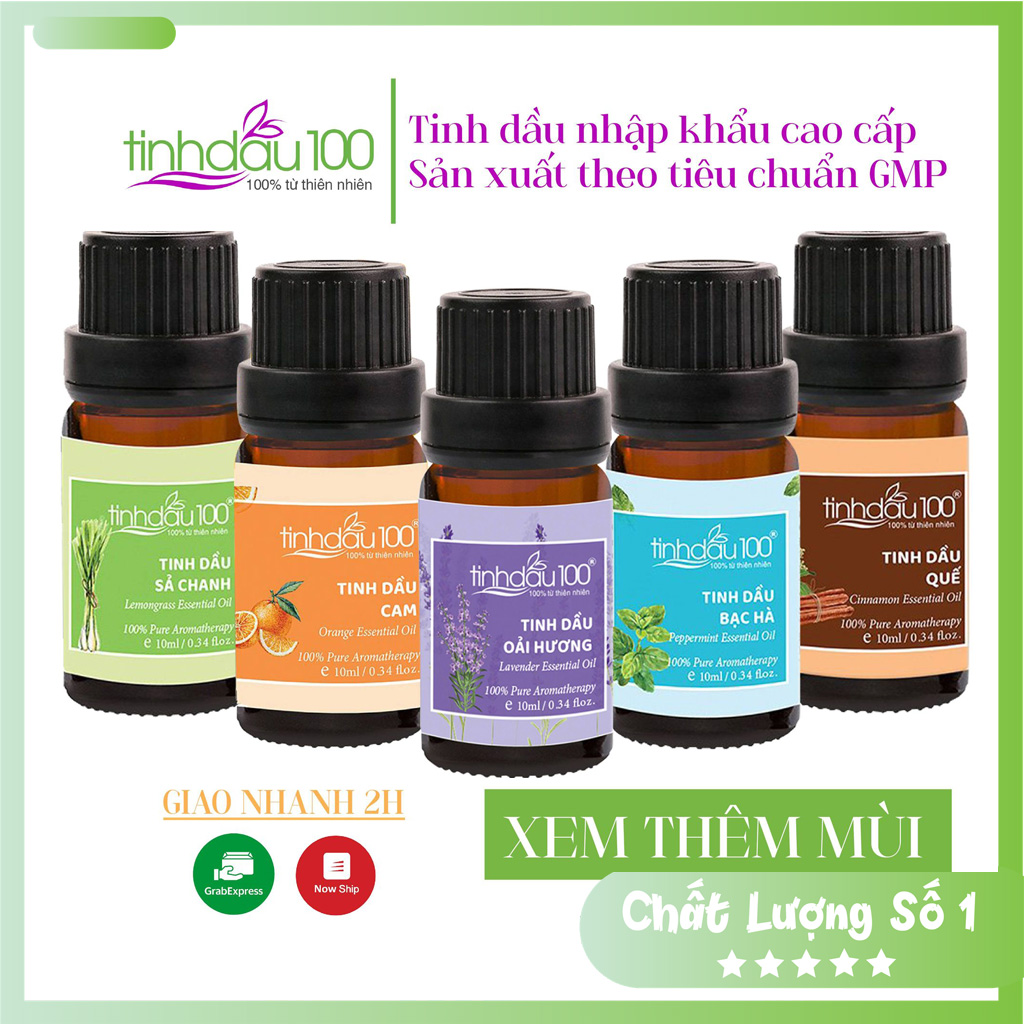 Tinh dầu thiên nhiên Tinh Dầu 100. Tinh dầu nguyên chất sả chanh, quế, bạc hà, bưởi, hoa hồng, trà trắng, oải hương lavender, ylang xông thơm phòng, khử mùi, đuổi muỗi dung tích 10ml