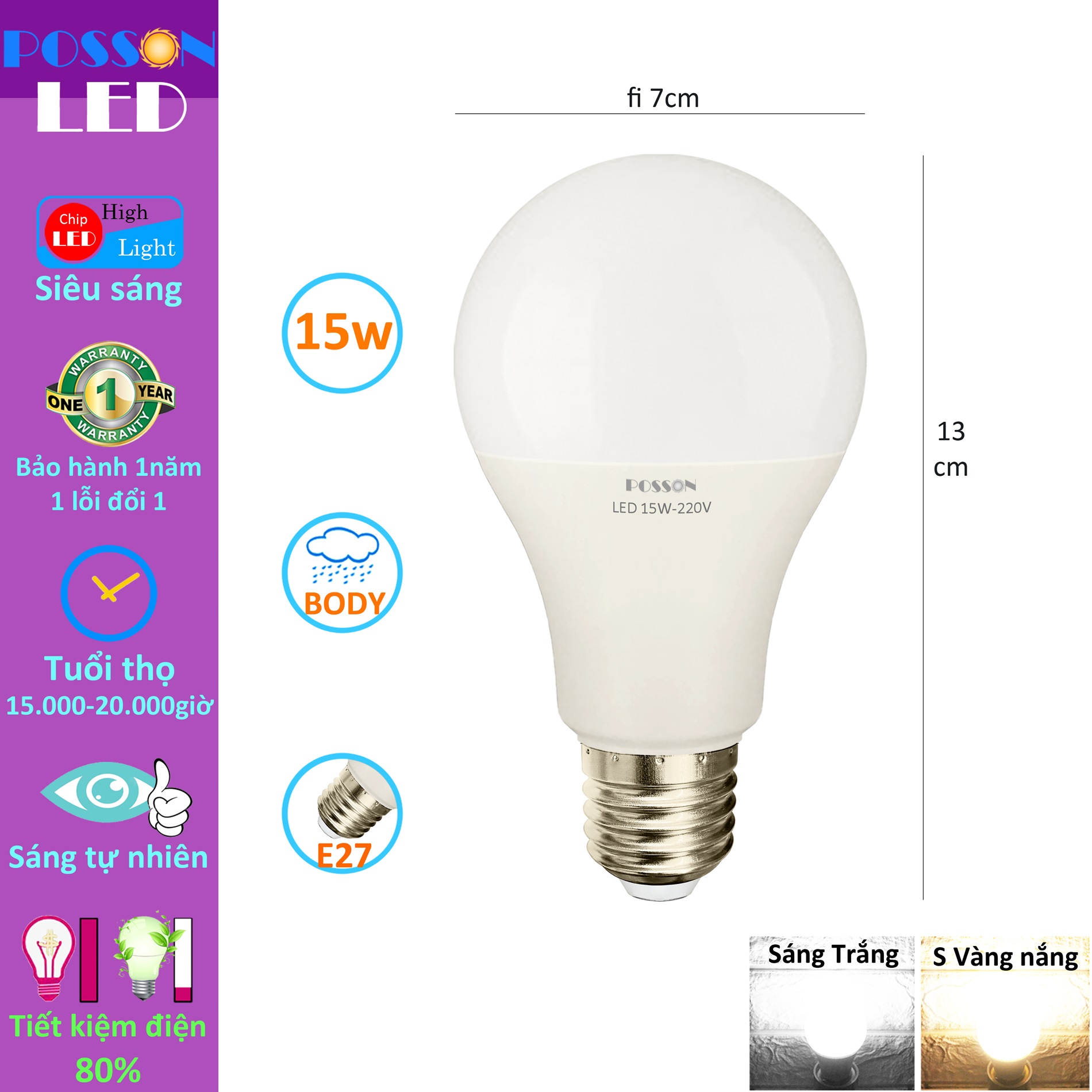 Sỉ 50 Bóng đèn Led 15w bup tròn A70 tiết kiệm điện siêu sáng thân kín chống nước mưa  LB-15x