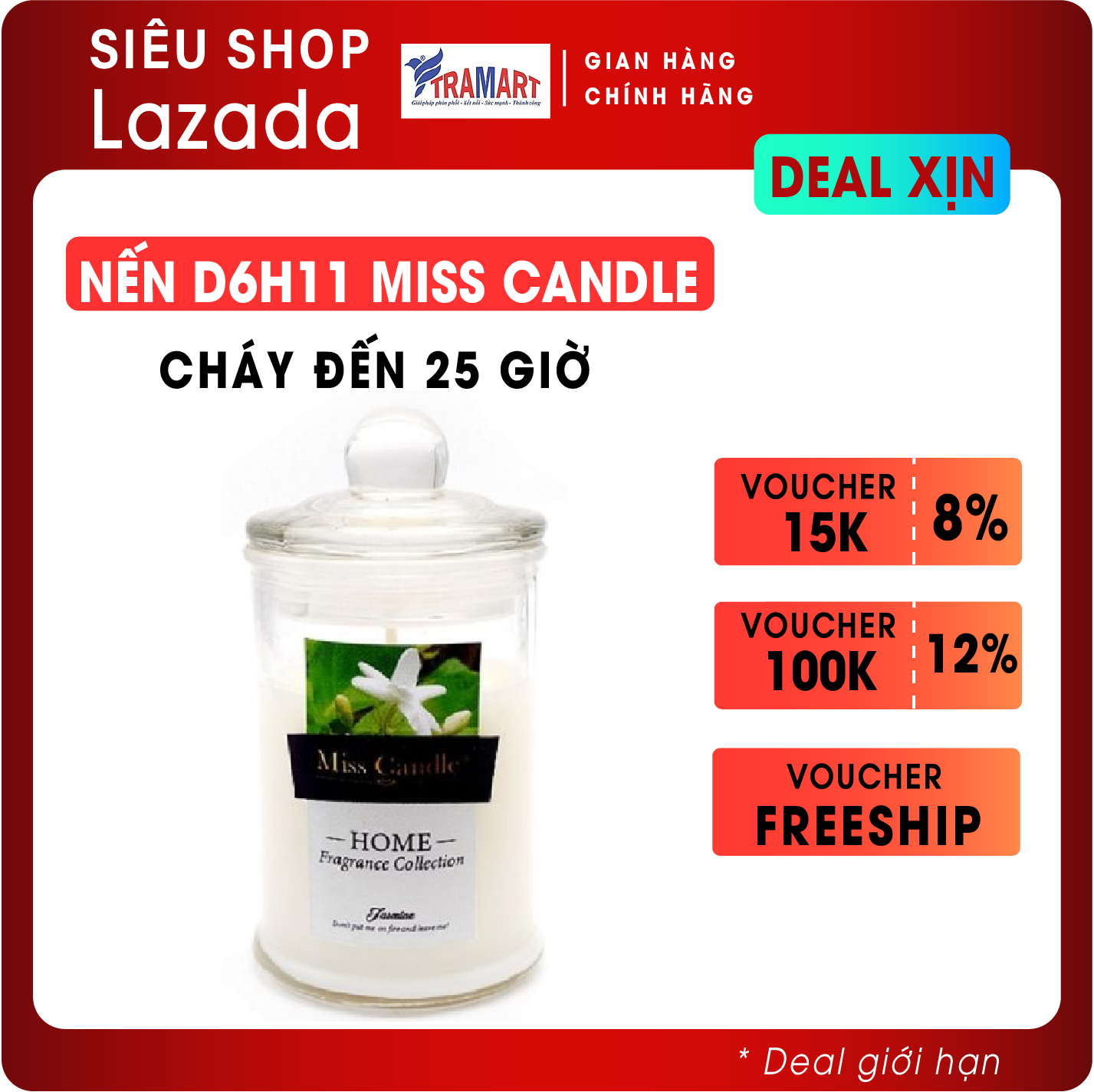Nến thơm ly thủy tinh D6H11 Miss Candle MIC5678 Jasmine (Hương hoa nhài)
