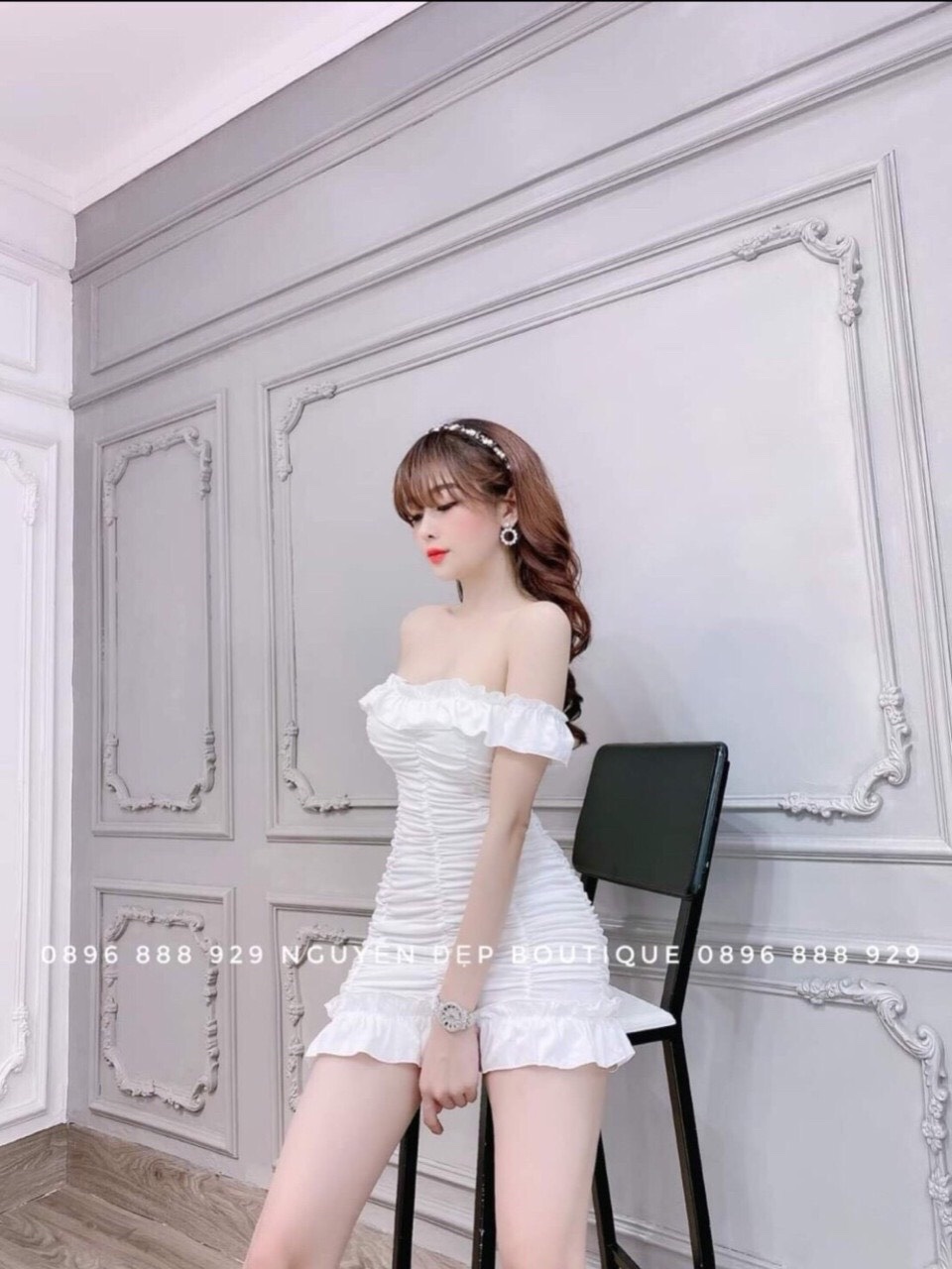 Đầm nữ dự tiệc trễ vai nhúm thân vải UMI