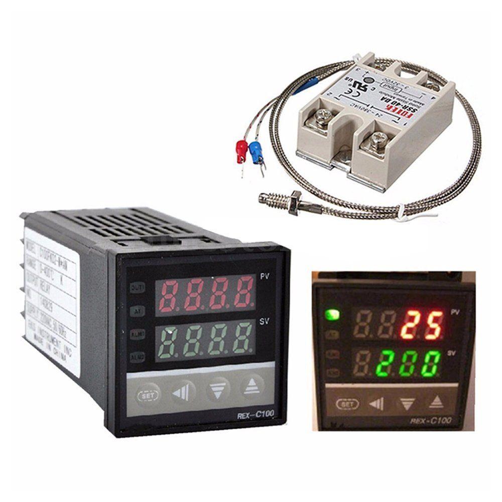 Kỹ thuật số 220v pid rex-c100 bộ điều khiển nhiệt độ + max.40a ssr + k cặp nhiệt điện, bộ điều khiển pid + tản nhiệt