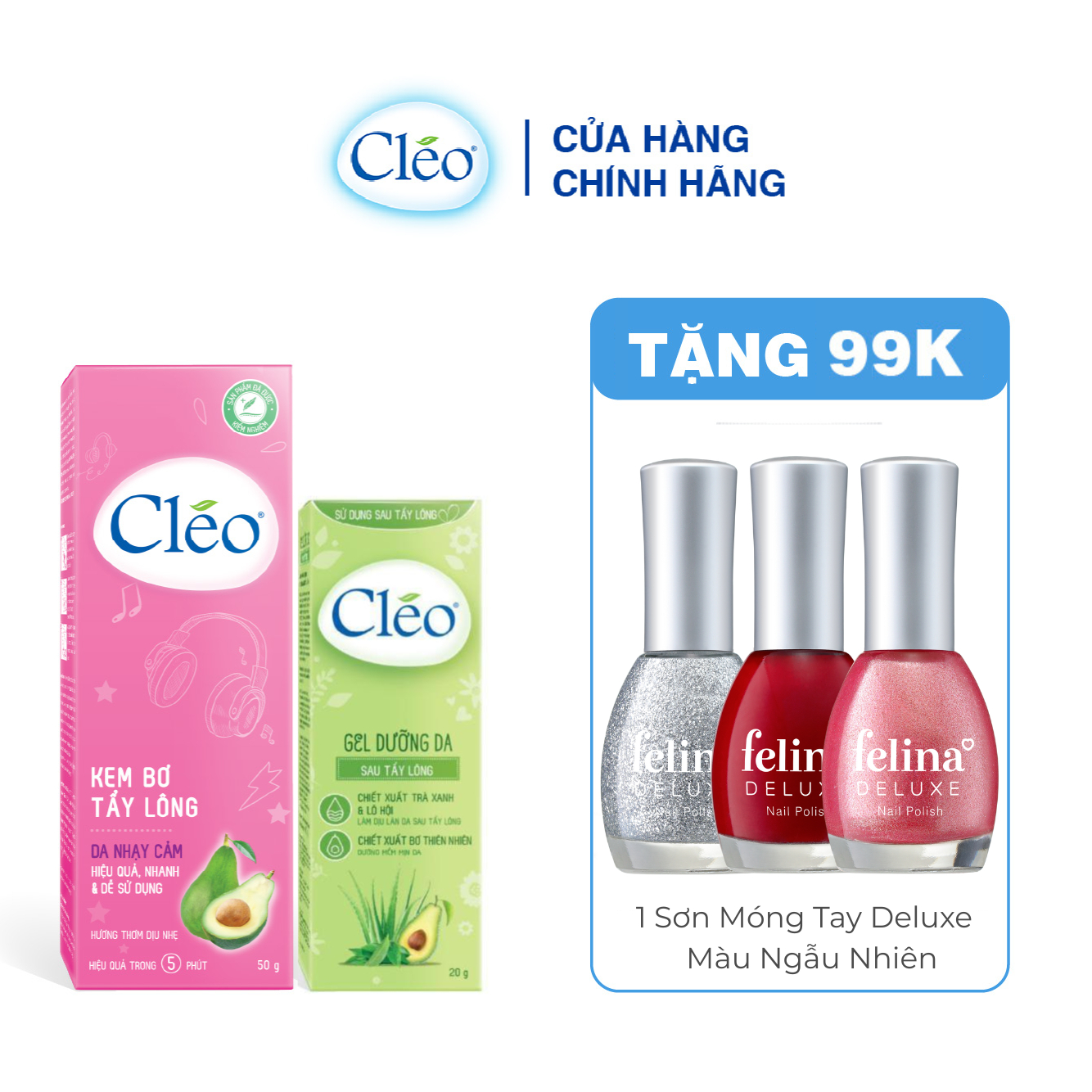 Combo Kem Tẩy Lông Dành Cho Da Nhạy Cảm Tẩy Lông Nách, Tẩy Lông Tay Chân Cléo 50G & Kem Dưỡng Da Sau Tẩy Lông Cléo 20G
