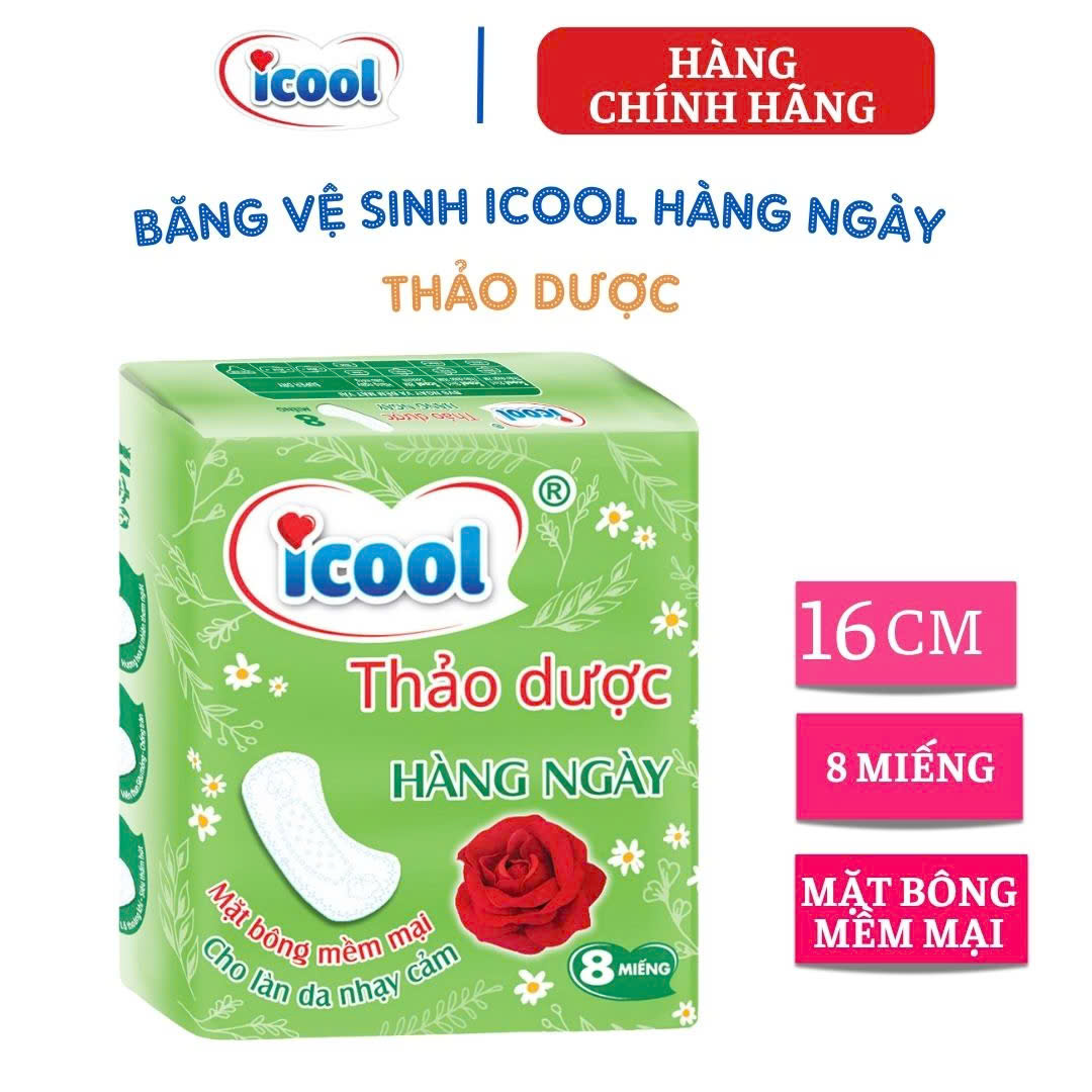 {Hàng chính hãng} Băng Vệ Sinh ICOOL Thảo Dược Hoa Cúc Trà Xanh 8 Miếng, BVS hàng ngày 16cm, không cánh, mặt vải mềm, không mát.
