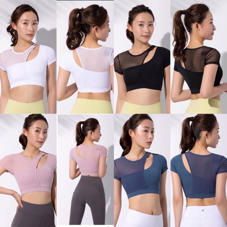 Áo croptop tập gym yoga lệch vai phối lưới kèm mút siêu xinh