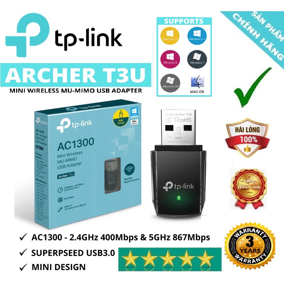 Cạc mạng không dây usb tp-link archer t3u plus ac1300
