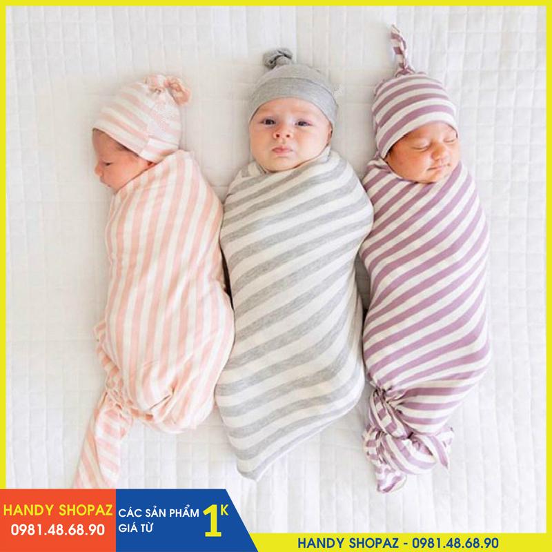 (CHỌN MÀU) Quấn Chũn Sơ Sinh Kèm Mũ - Cho Bé Giấc Ngủ Ngon 80x80cm HSA1133