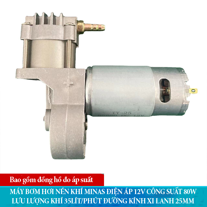 Máy bơm hơi nén khí Minas điện áp 12V công suất 80W có lưu lượng khí 35L phút đường kính xi lanh 25mm chất liệu hợp kim