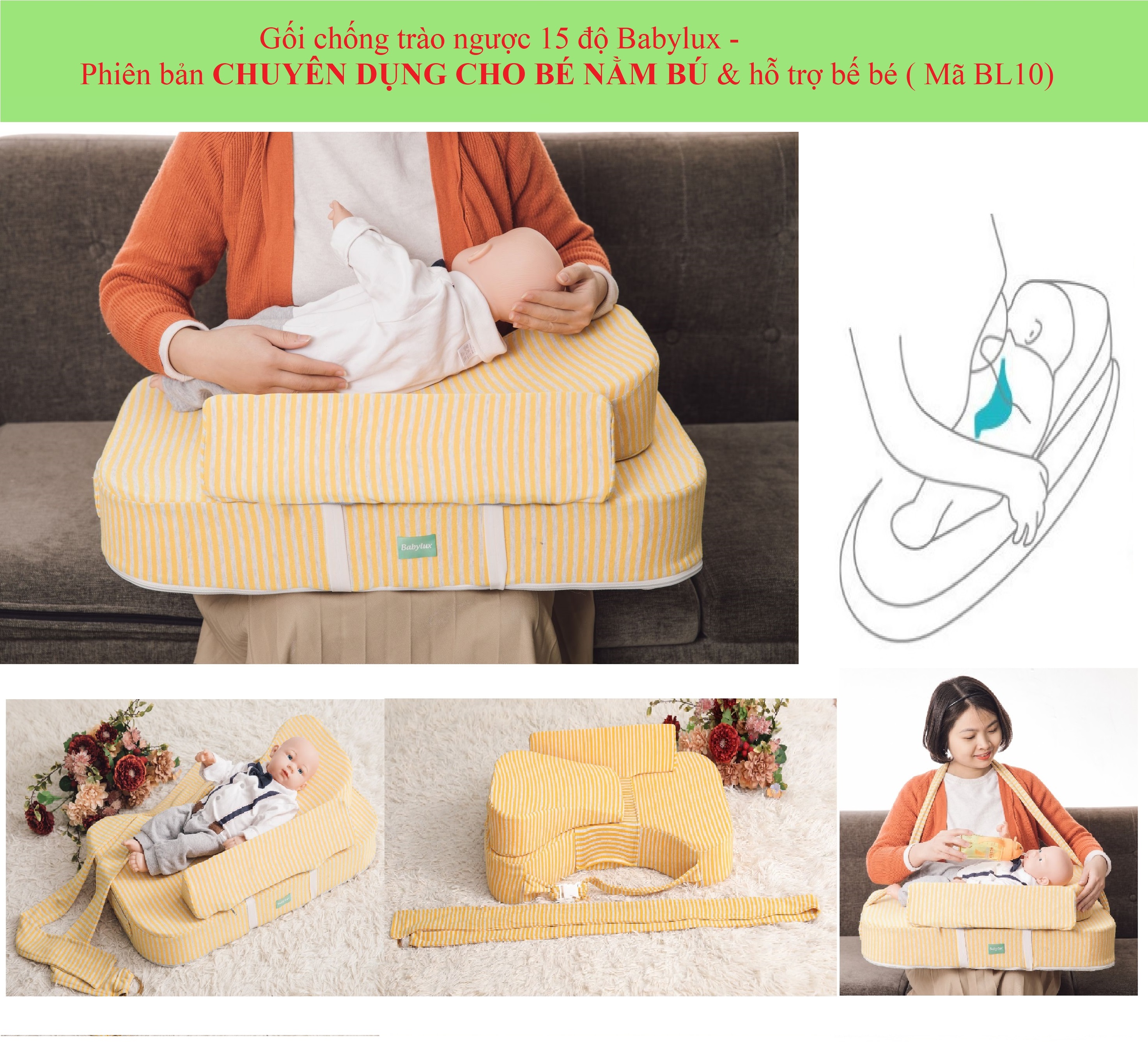 Gối chống trào ngược 15 độ Babylux cho bé sơ sinh - phiên bản cho bé nằm bú+ hỗ trợ bế bé ( mã BL10)
