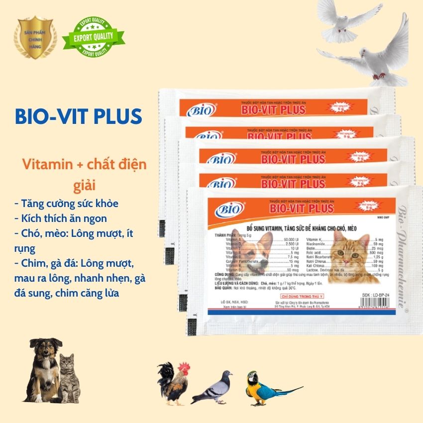 Set 5 gói Bio Vit Plus 5 g/gói. Cung cấp vitamin và chất điện giải cho chó mèo, chim cảnh, chim ưng, yến phụng, két, sáo, gà đá, vịt cảnh giúp mau khỏi bệnh, lông mượt, khỏe, mau ra lông - Avet Shop