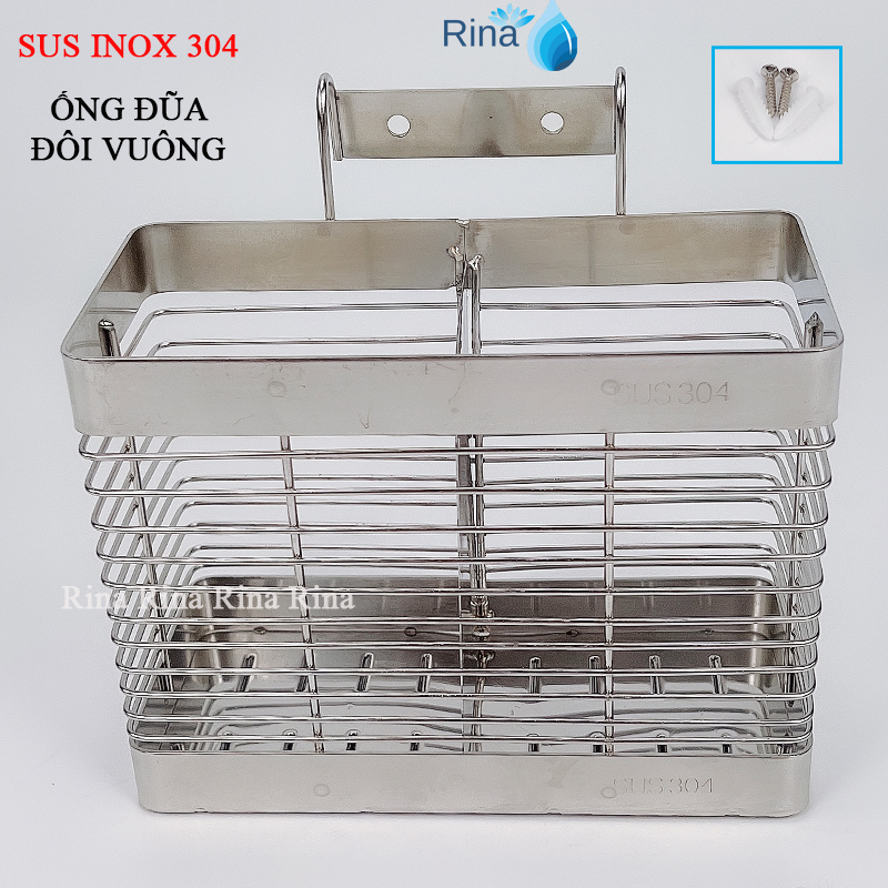 Ống đựng đũa vuông đôi inox 304 - Ống đũa inox 304 cao cấp Rina
