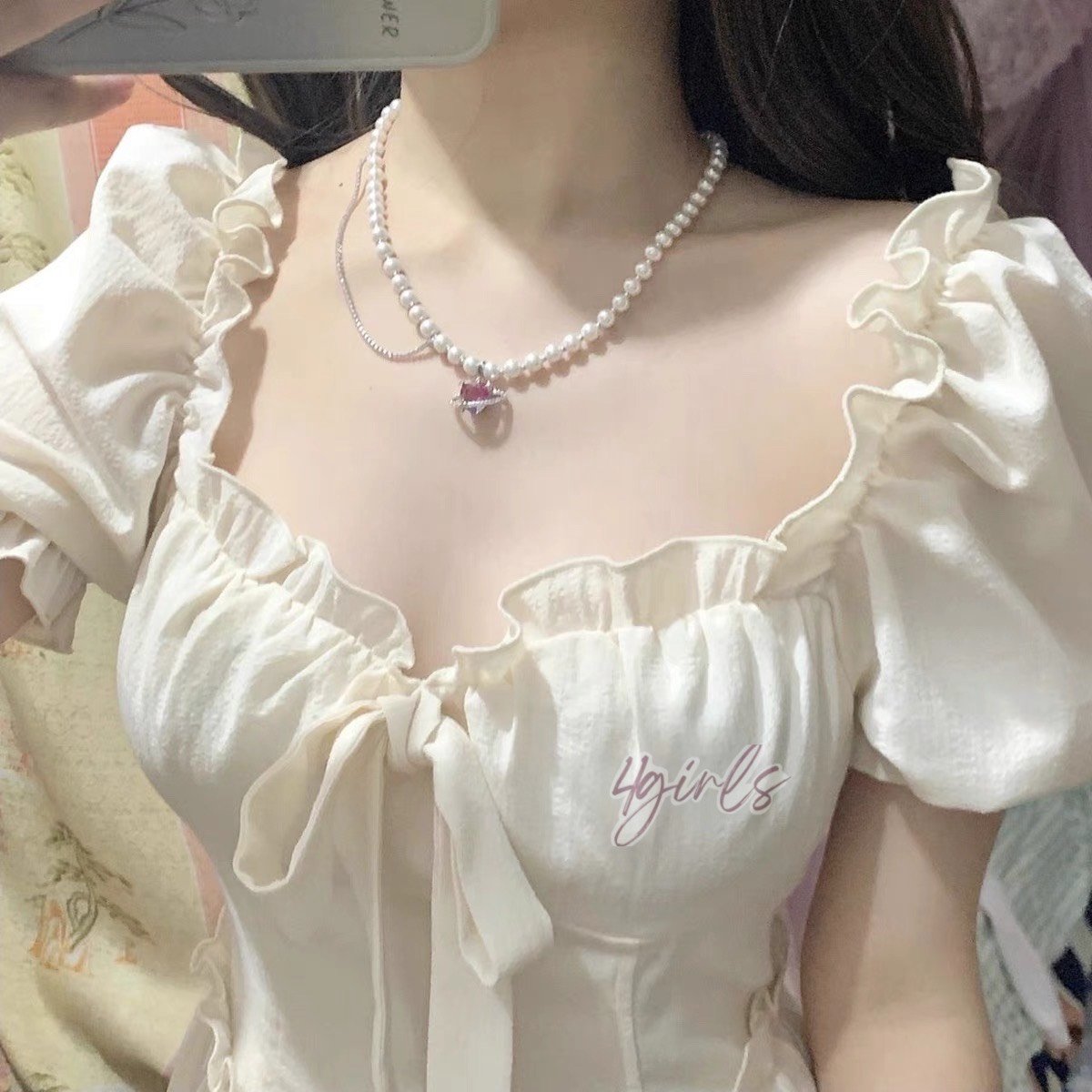 Váy cổ vuông tay phồng cổ vuông phong cách pháp ngọt ngào