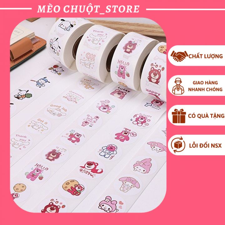 Cuộn sticker gấu dâu, mỗi cuộn 100 sticke