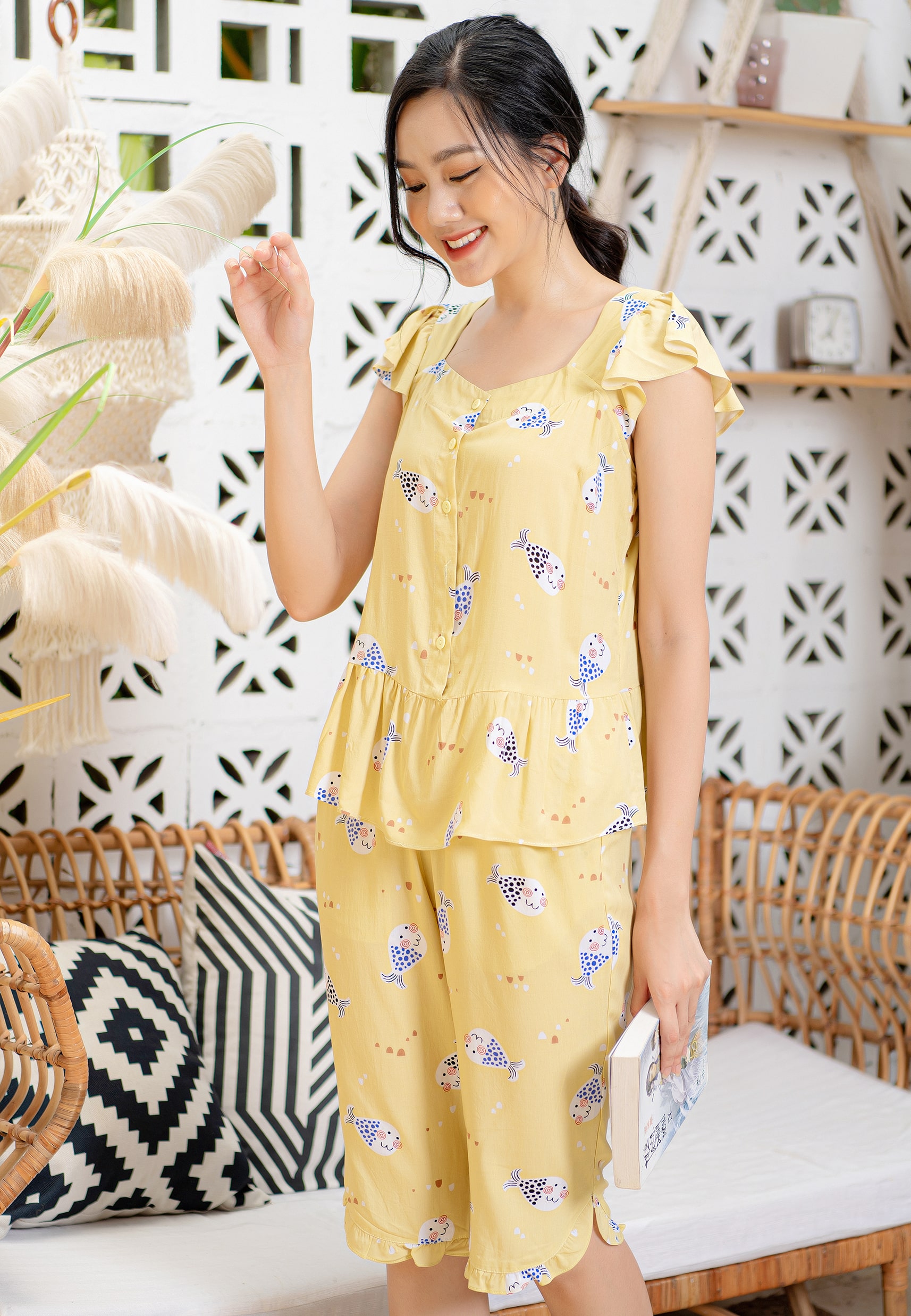 Bộ lửng lanh lụa vàng cốm mila 20lhl056va