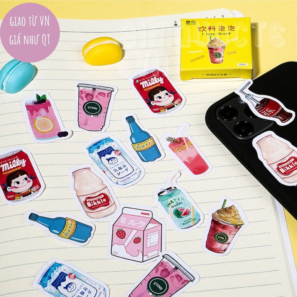 Hộp 45 sticker nhãn dán đáng yêu trang trí điện thoại vật dụng học tập gia  đình Drink Bubble Box Sticker ST129 