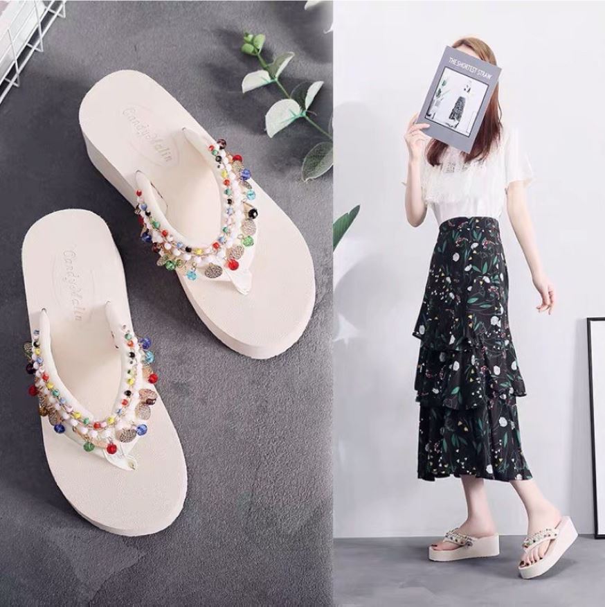 Dép nữ xỏ ngón đế cao chống trượt/ dép tông dép kẹp tua rua đi biển du lịch