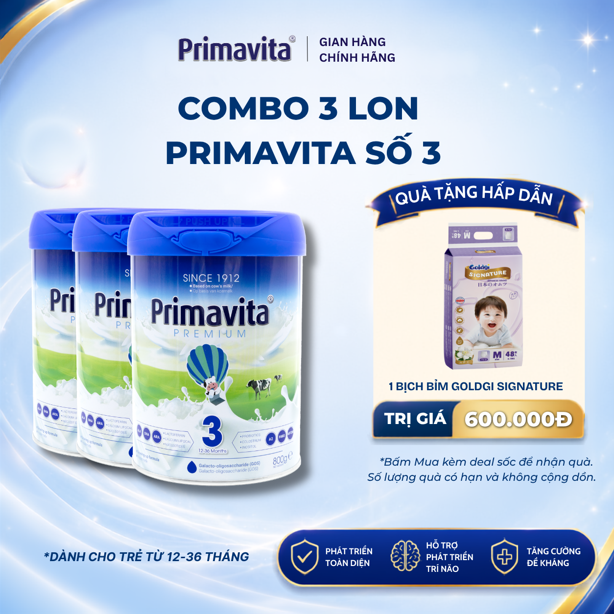 Combo 3 Sữa bột Primavita Premium số 3 phát triển toàn diện, tăng cường miễn dịch tự nhiên cho bé (12-36 tháng tuổi)