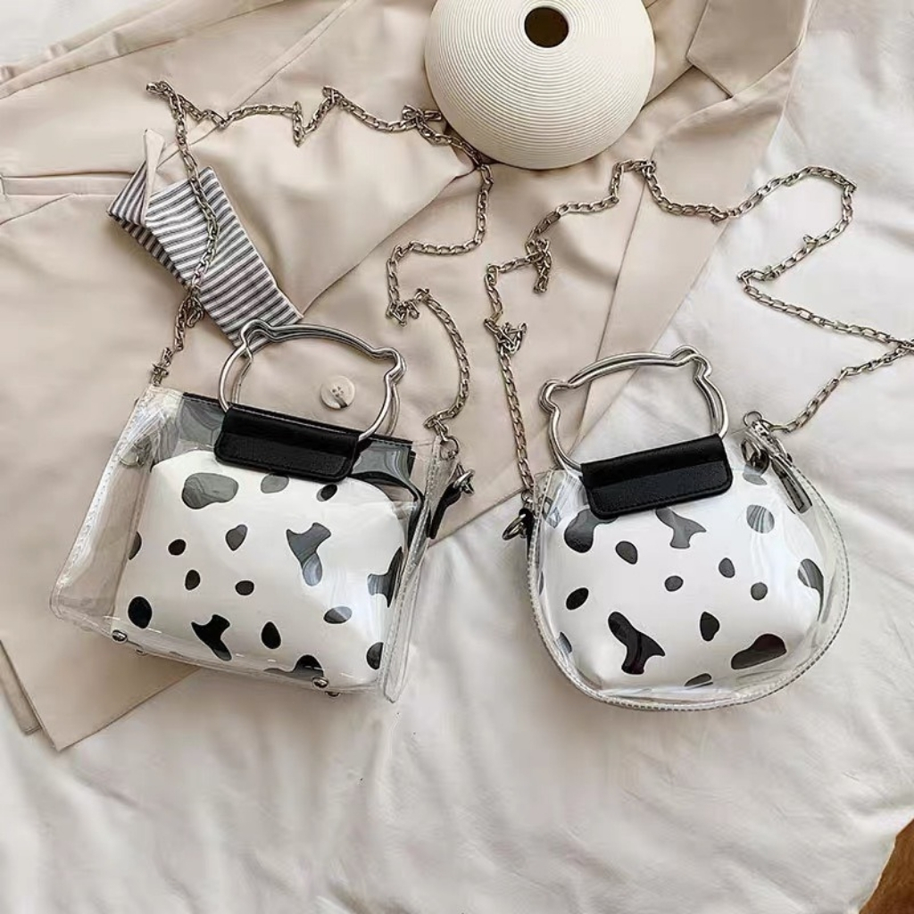 Túi bò sữa mini tặng kèm túi nhựa chống nước dây xích đeo chéo size 14